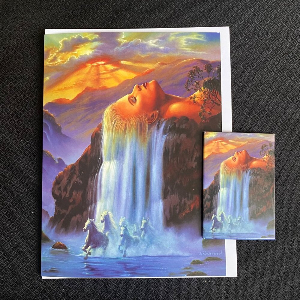 DAY DREAM by Jim Warren VTG Combo Pack Greeting‎ Card & Magnet Waterfall Horses